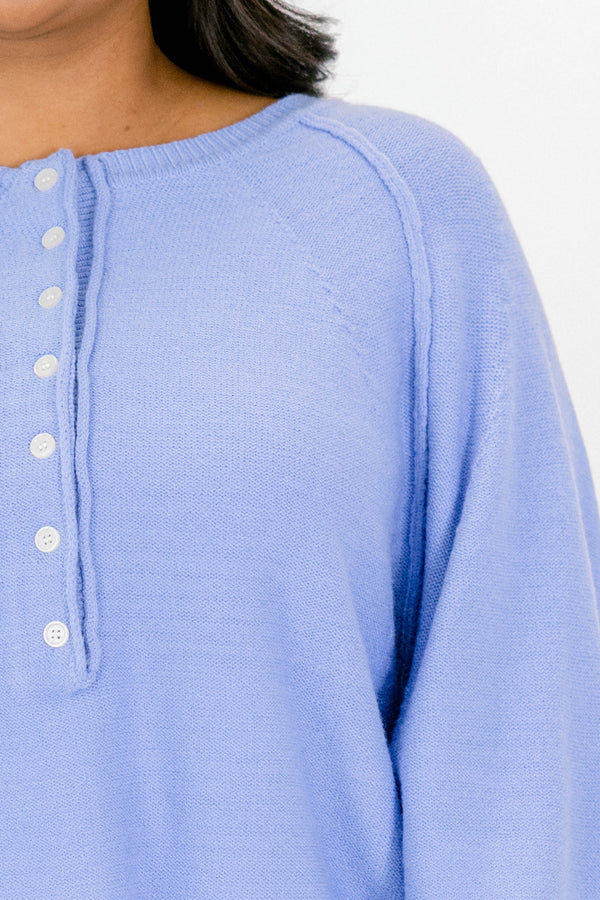 Chic Soul plus size clothing, blue long sleeve sweater with white buttons halfway down the front