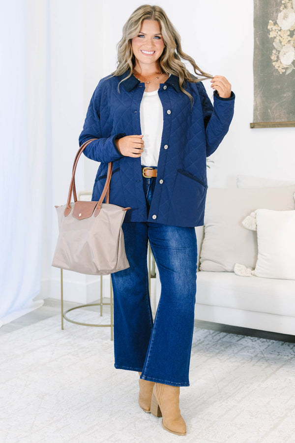Plus size clothing, navy quilted jacket with snap buttons