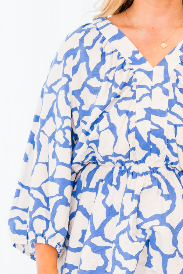 Chic Soul plus size clothing, quarter sleeve ivory blue top with v-neckline and cinched details with white spotted pattern