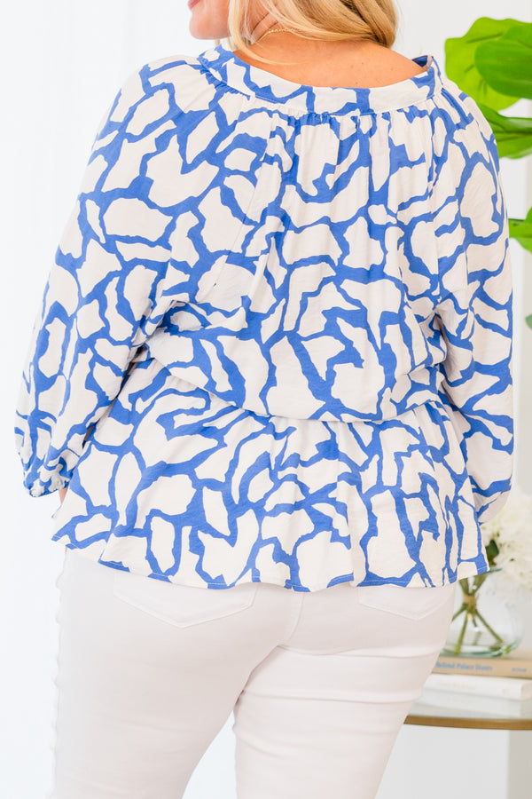 Chic Soul plus size clothing, quarter sleeve ivory blue top with v-neckline and cinched details with white spotted pattern