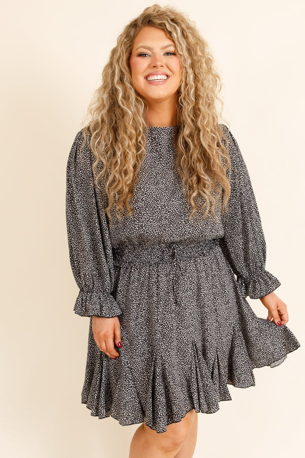 Chic Soul plus size clothing, black and white micro floral rompepr long sleeve sinches at waist blowy on the bottom dress like short length