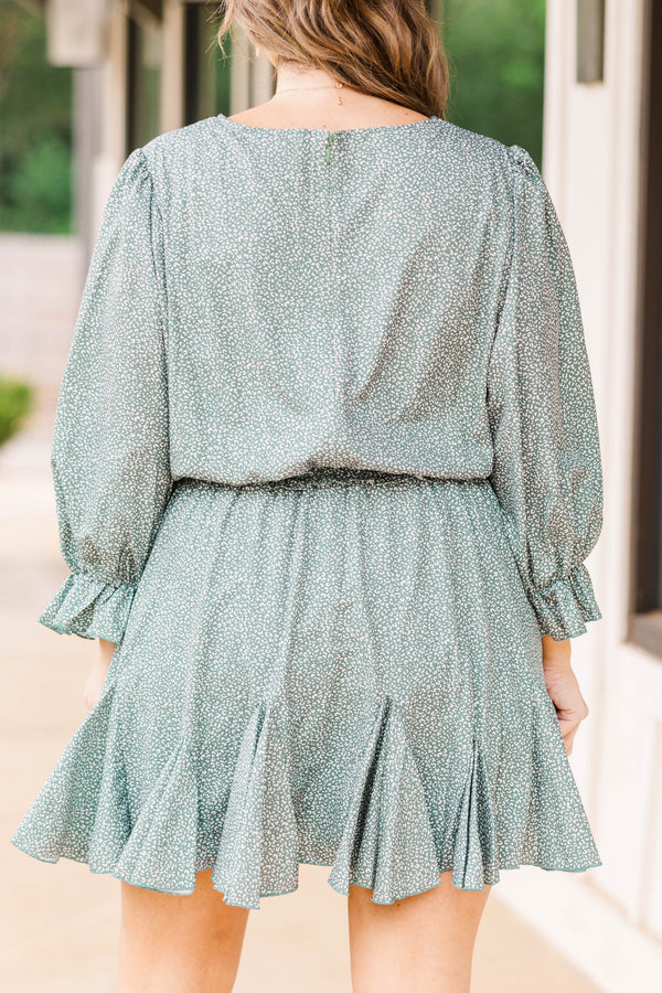 Chic Soul plus size clothing, dark sage colored long sleeve romper with micro cheetah print dark sage and white, sinches and ties at waist