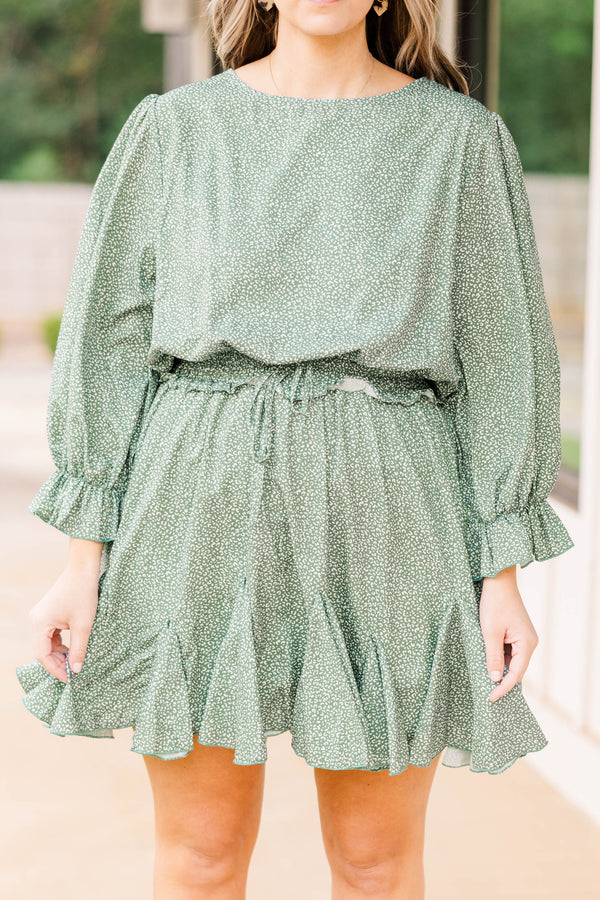Chic Soul plus size clothing, dark sage colored long sleeve romper with micro cheetah print dark sage and white, sinches and ties at waist