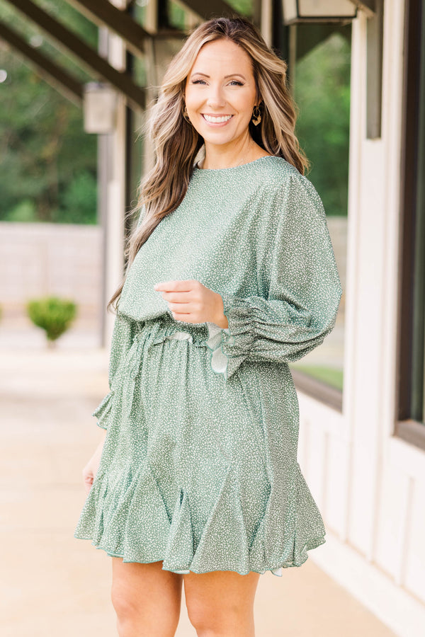 Chic Soul plus size clothing, dark sage colored long sleeve romper with micro cheetah print dark sage and white, sinches and ties at waist