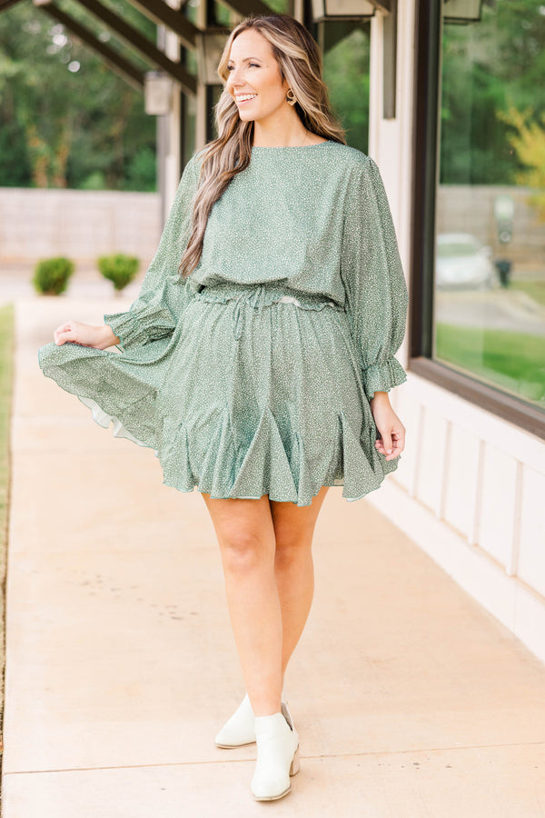 Chic Soul plus size clothing, dark sage colored long sleeve romper with micro cheetah print dark sage and white, sinches and ties at waist