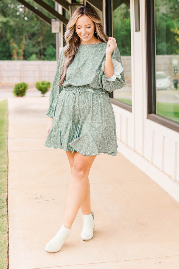 Chic Soul plus size clothing, dark sage colored long sleeve romper with micro cheetah print dark sage and white, sinches and ties at waist