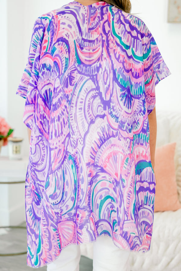 Chic Soul plus size clothing, short sleeve vibrant pink-blue kimono with purple swirled pattern 