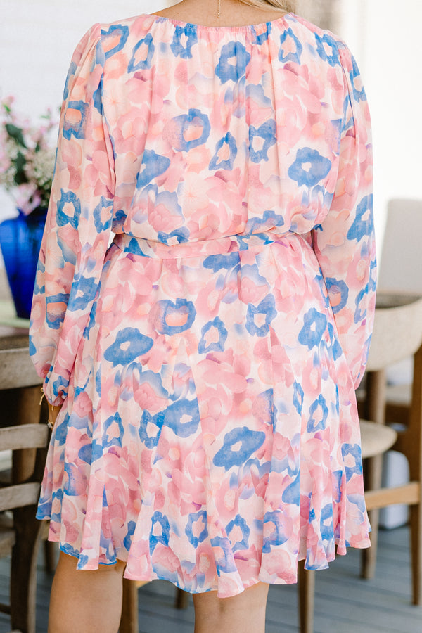 Chic Soul plus size clothing, long-sleeve-puffed pink multi-colored watercolor floral flowy short dress with a split-v-neckline and a tie on the waistline