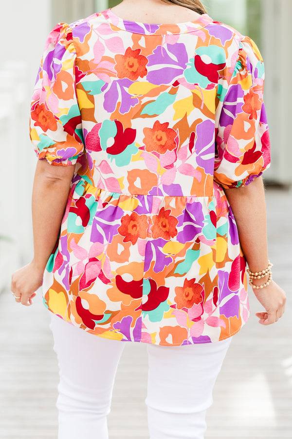 Chic Soul plus size clothing, short-puffed-sleeve cream blouse with a split neckline and a bright floral print pattern