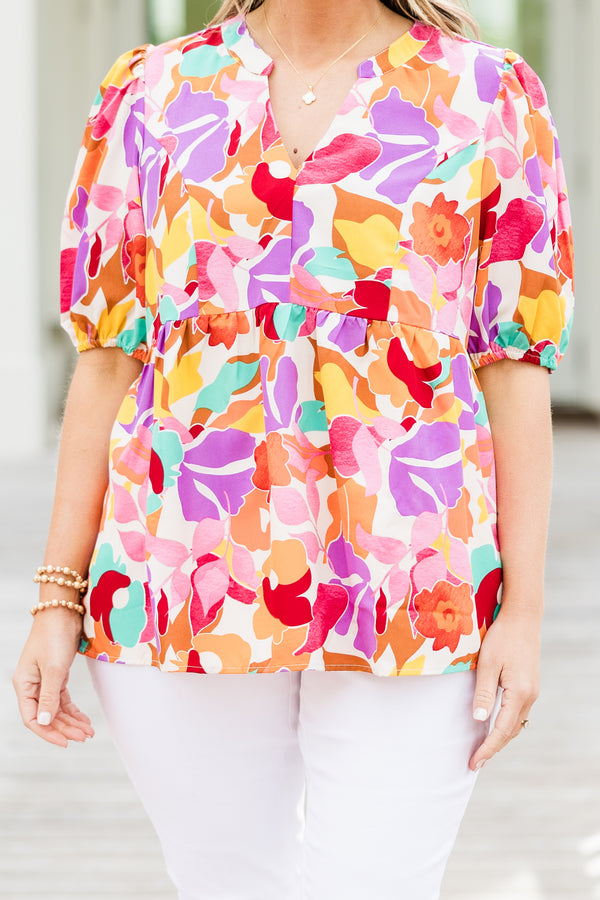 Chic Soul plus size clothing, short-puffed-sleeve cream blouse with a split neckline and a bright floral print pattern