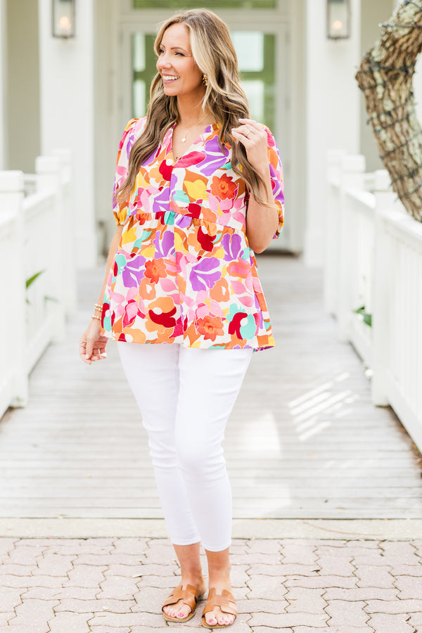 Chic Soul plus size clothing, short-puffed-sleeve cream blouse with a split neckline and a bright floral print pattern