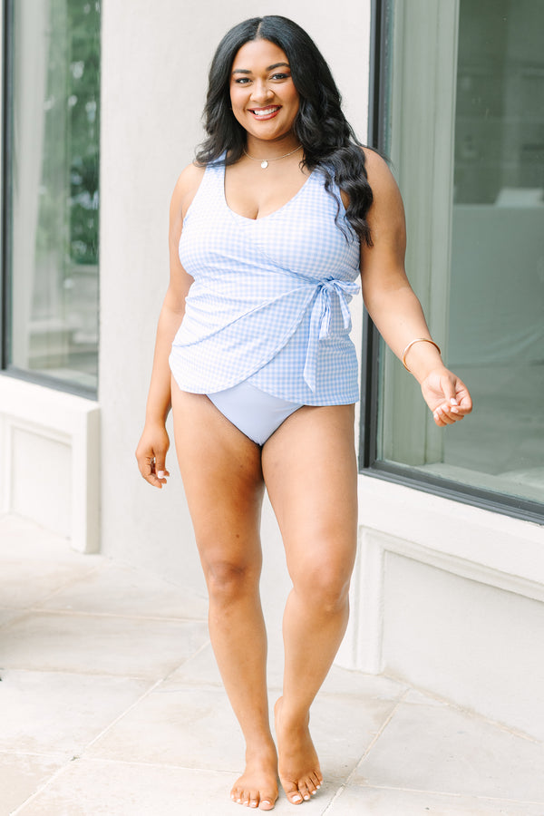 Chic Soul plus size clothing, wrap style blue and white gingham tankini top