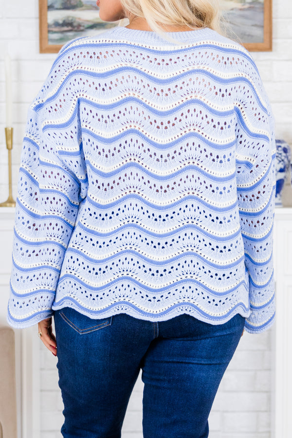 Chic Soul plus size clothing, long-sleeve multi-colored blue crochet sweater with wavy detailing and bell sleeves