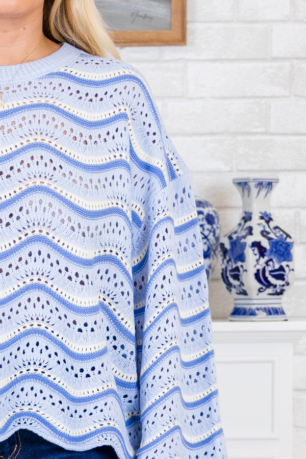 Chic Soul plus size clothing, long-sleeve multi-colored blue crochet sweater with wavy detailing and bell sleeves