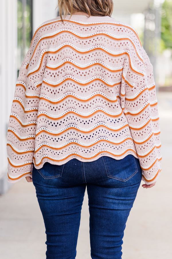 Chic Soul plus size clothing, long-sleeve cream brown crochet sweater with wavy striped orange and white pattern 