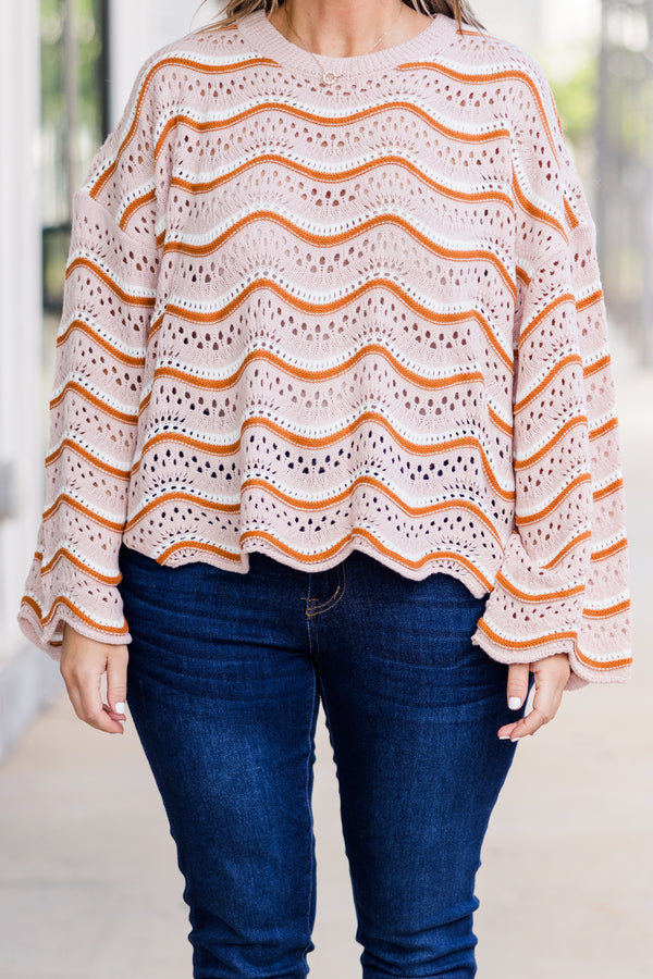 Chic Soul plus size clothing, long-sleeve cream brown crochet sweater with wavy striped orange and white pattern 
