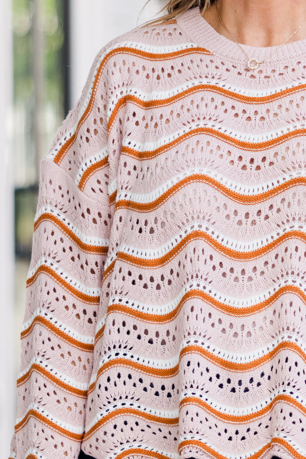 Chic Soul plus size clothing, long-sleeve cream brown crochet sweater with wavy striped orange and white pattern 
