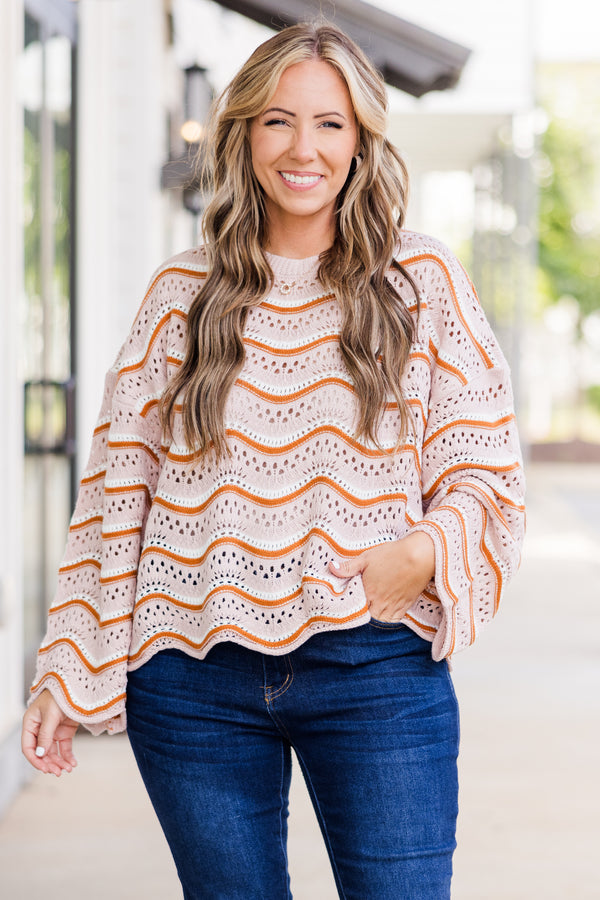 Chic Soul plus size clothing, long-sleeve cream brown crochet sweater with wavy striped orange and white pattern 
