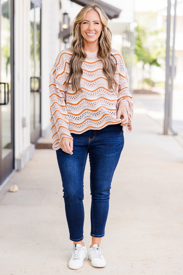 Chic Soul plus size clothing, long-sleeve cream brown crochet sweater with wavy striped orange and white pattern 