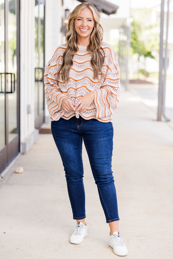 Chic Soul plus size clothing, long-sleeve cream brown crochet sweater with wavy striped orange and white pattern 
