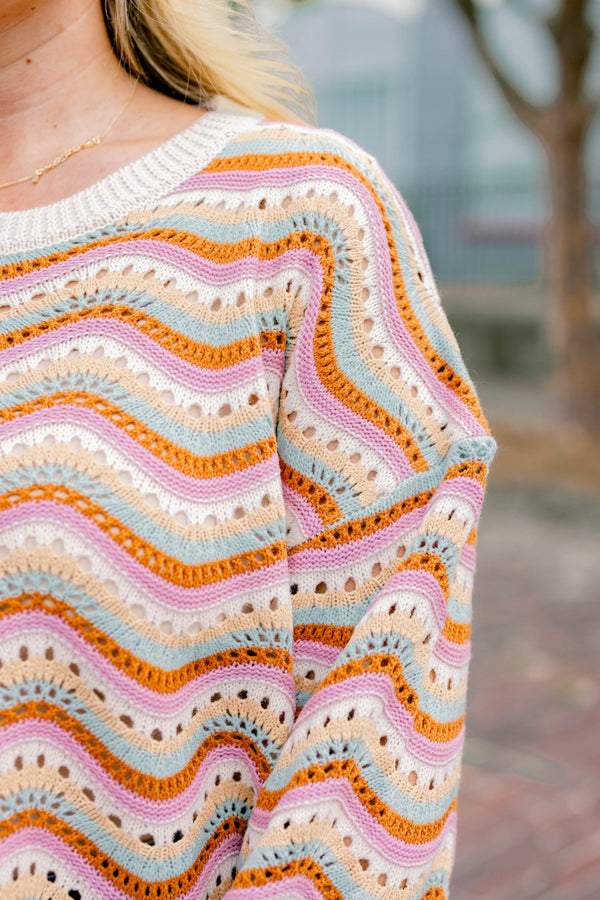 Chic Soul plus size clothing, cream, mint, and orange ric rac pattern knitted long sleeve sweater