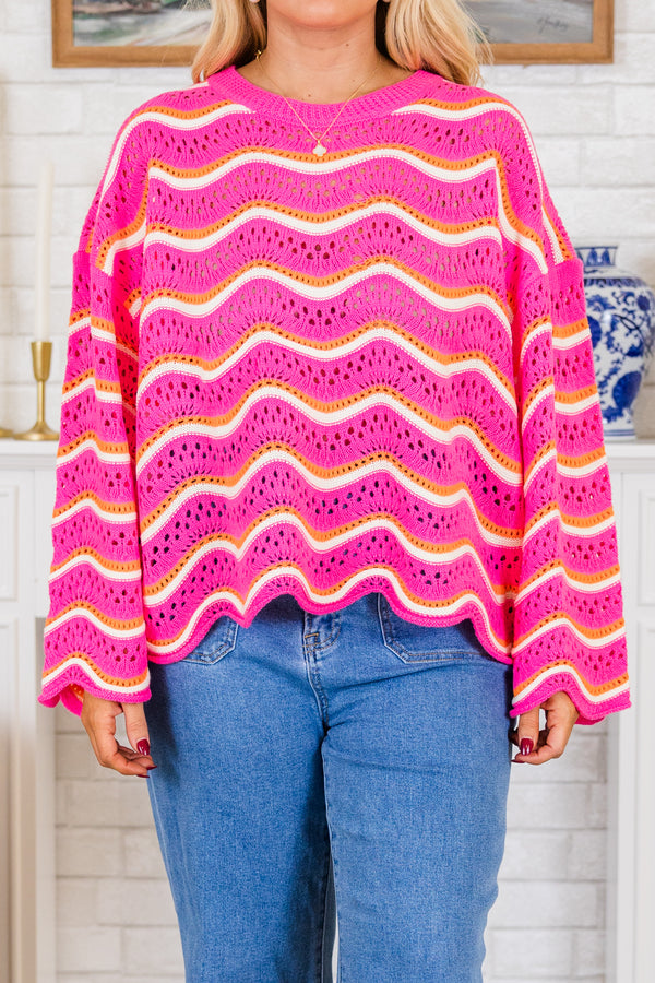 Chic Soul plus size clothing, long-sleeve pink crochet crewneck sweater with a white and orange wavy striped pattern