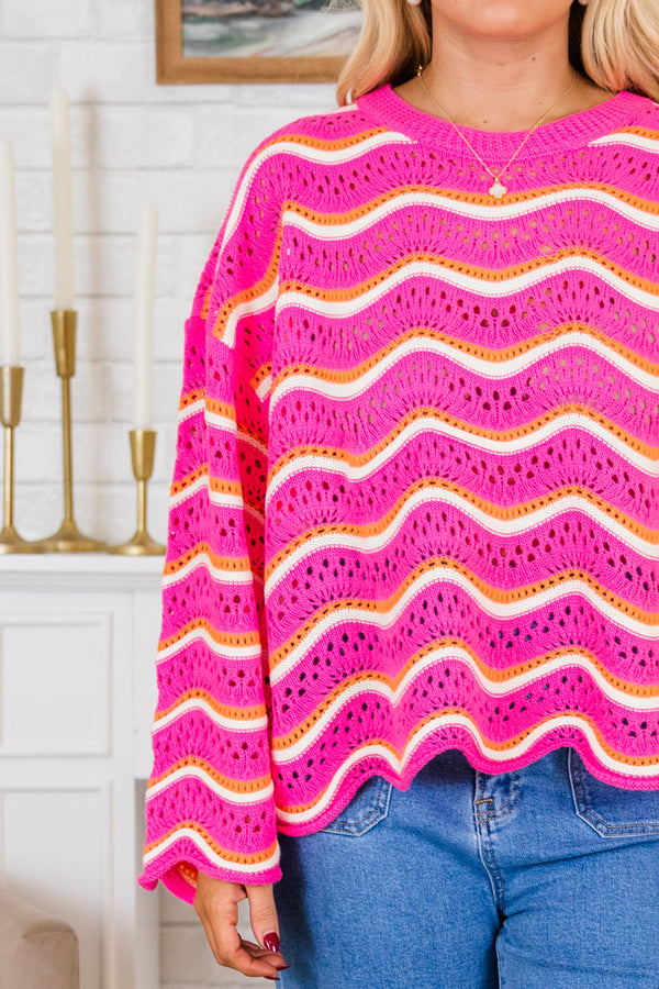 Chic Soul plus size clothing, long-sleeve pink crochet crewneck sweater with a white and orange wavy striped pattern
