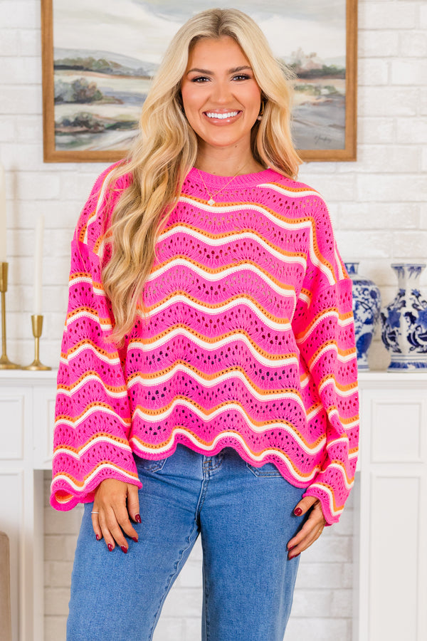 Chic Soul plus size clothing, long-sleeve pink crochet crewneck sweater with a white and orange wavy striped pattern