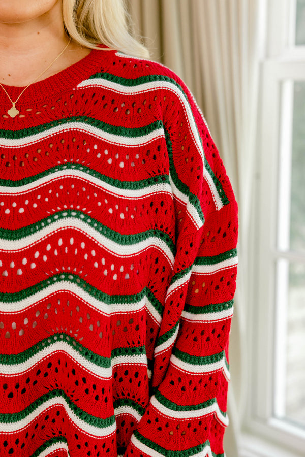 Chic Soul plus size clothing, red white and green wavy chunky loose knit slightly cropped sweater 