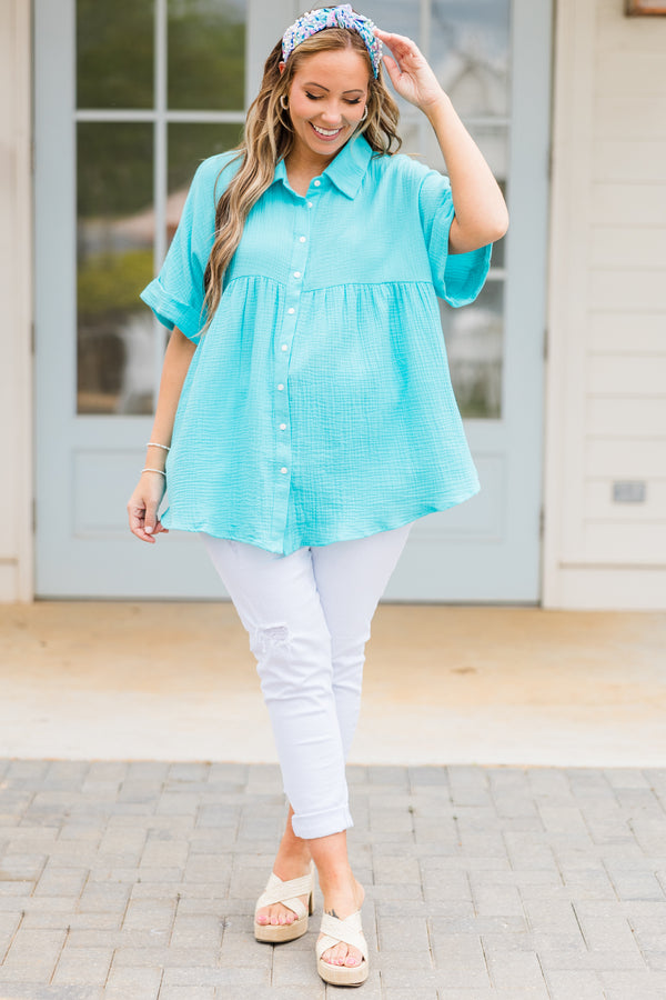 Chic Soul plus size clothing, blue radiance short sleeve linen top with button up detail with collar and cuff sleeves