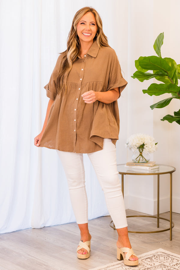 Plus Size mocha textured cotton babydoll top with short cuffed sleeves and button-down front.