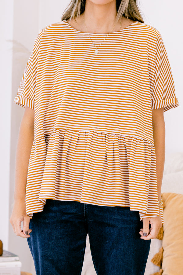 Chic Soul plus size clothing, taupe ivory stripped short sleeve babydoll style shirt