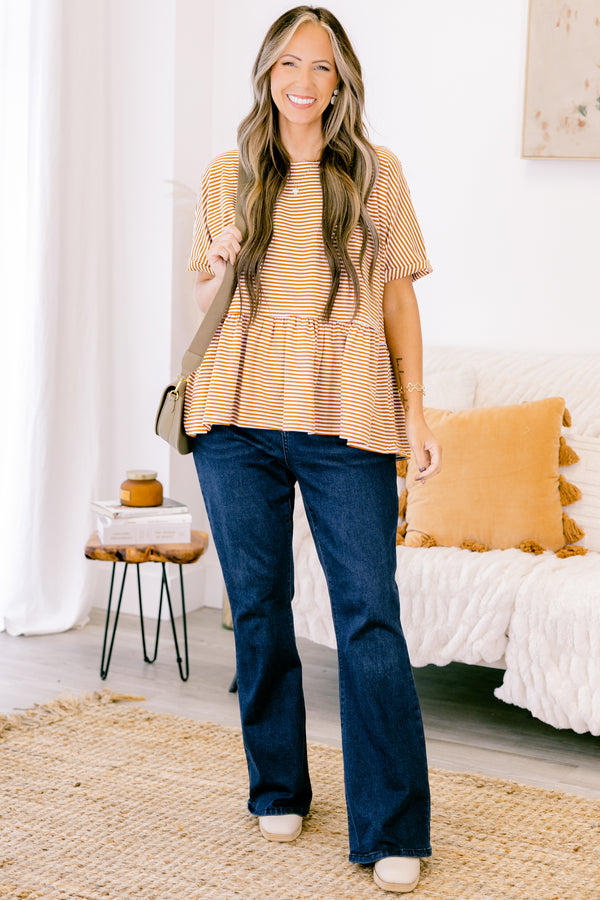Chic Soul plus size clothing, taupe ivory stripped short sleeve babydoll style shirt