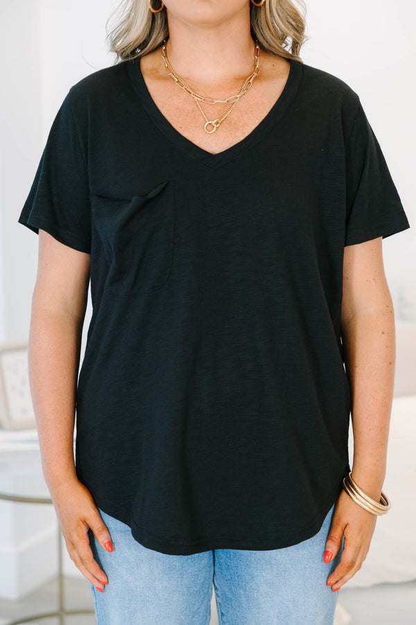 Plus Size black v-neck top with a relaxed fit, short sleeves, and a functional front chest pocket.