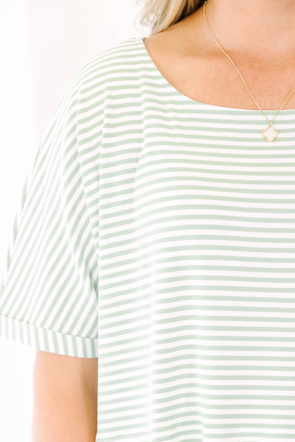 Chic Soul plus size clothing, short-sleeve sage-ivory striped baby doll top with a high-scoop-neckline 