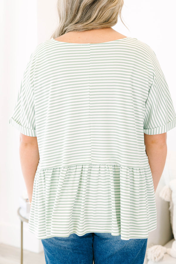 Chic Soul plus size clothing, short-sleeve sage-ivory striped baby doll top with a high-scoop-neckline 