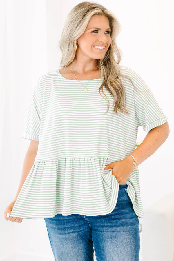 Chic Soul plus size clothing, short-sleeve sage-ivory striped baby doll top with a high-scoop-neckline 
