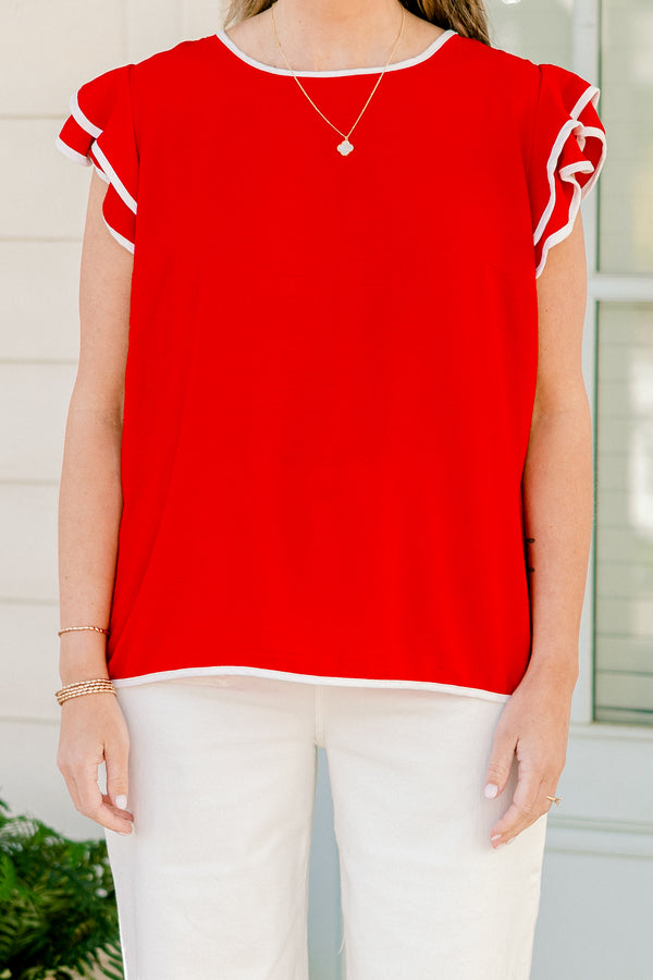 Chic Soul plus size clothing, short-flutter-sleeve bright red top with a halter neck and a subtle white trim along the neckline and sleeves 