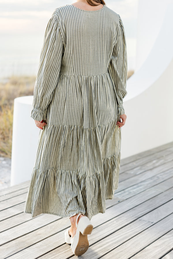 Chic Soul plus size clothing, grey pin stripe print long sleeve maxi dress with cinched waist with v neckline and cuff sleeves