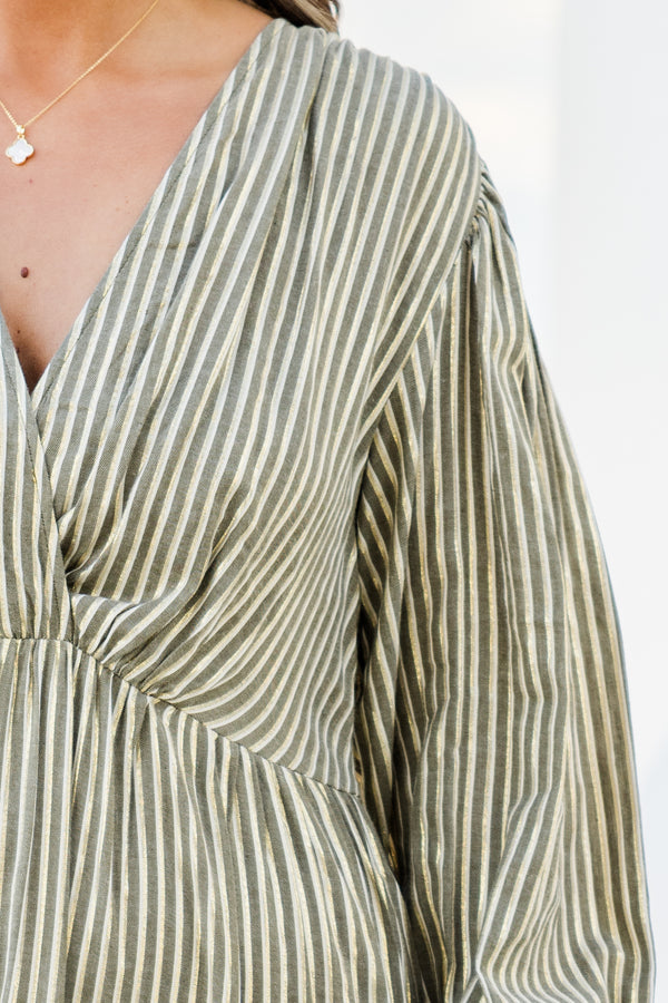 Chic Soul plus size clothing, grey pin stripe print long sleeve maxi dress with cinched waist with v neckline and cuff sleeves