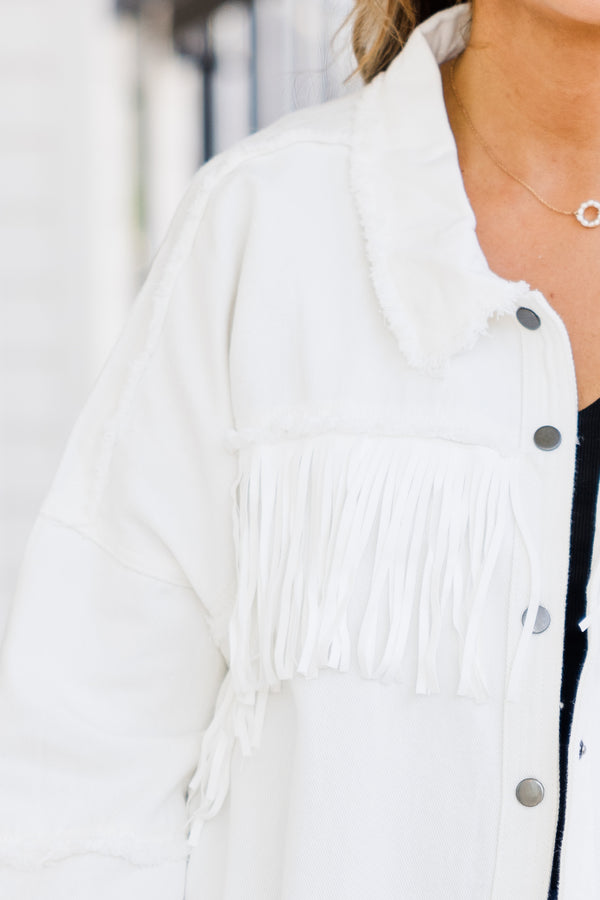 Chic Soul plus size clothing, long-sleeve white denim jacket with collar and silver button detailing with fringe along bodice