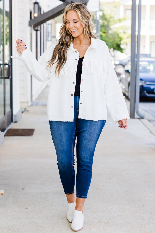Chic Soul plus size clothing, long-sleeve white denim jacket with collar and silver button detailing with fringe along bodice