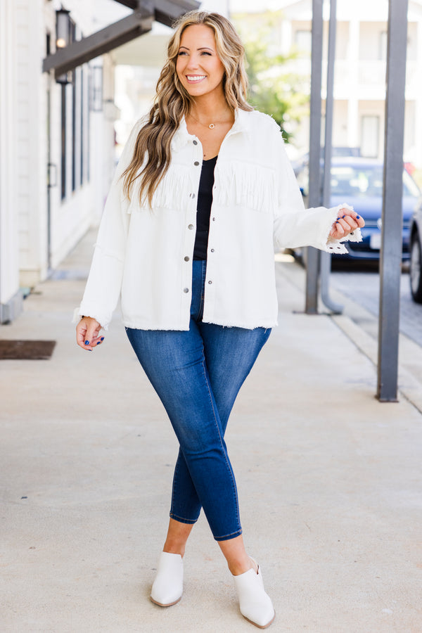 Chic Soul plus size clothing, long-sleeve white denim jacket with collar and silver button detailing with fringe along bodice