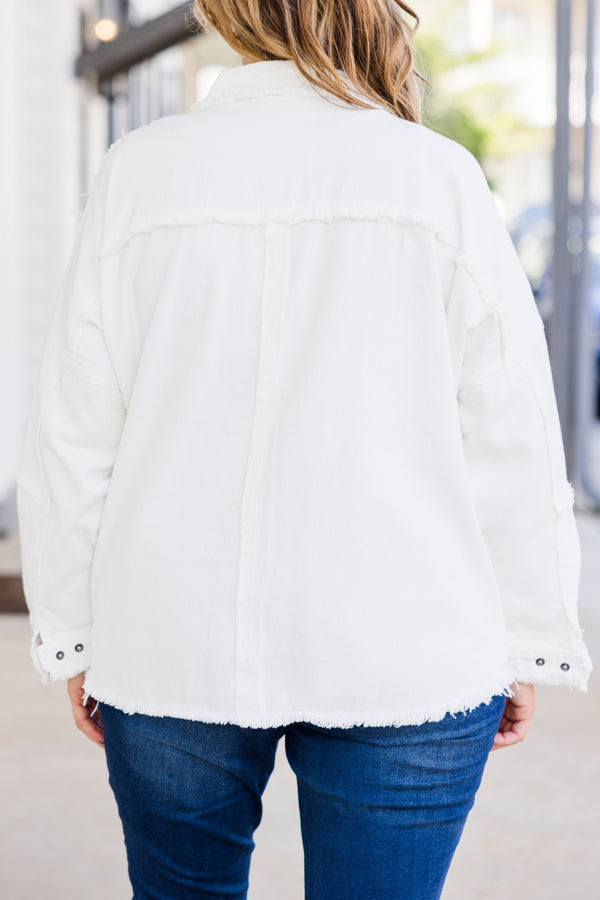 Chic Soul plus size clothing, long-sleeve white denim jacket with collar and silver button detailing with fringe along bodice