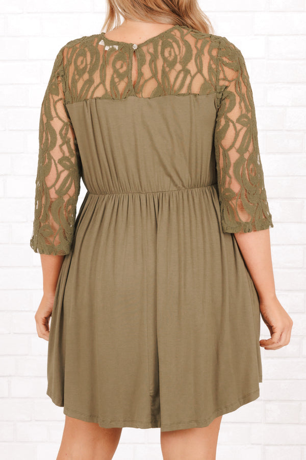 Chic Soul plus size clothing, olive green flowy babydoll dress with lace detailing on shoulders and sleeves