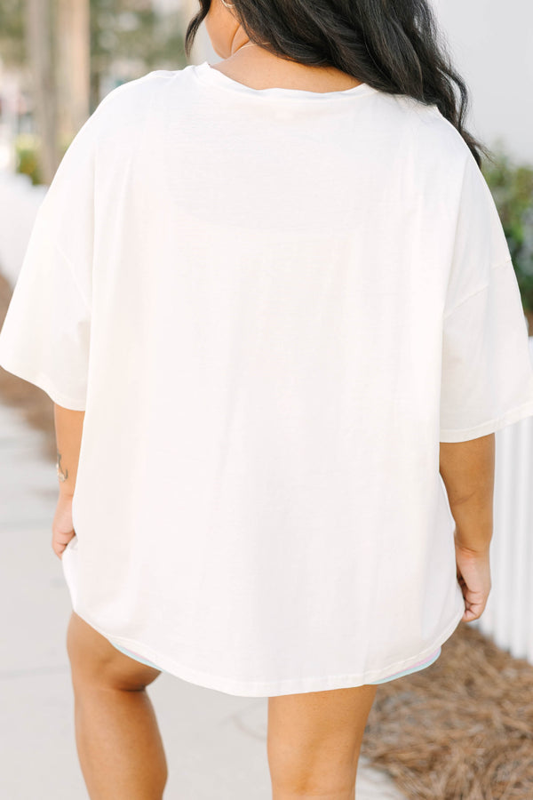 Chic Soul plus size clothing, ivory oversized boyfriend tee with colorful lettering spelling out 'WEEKEND MODE'