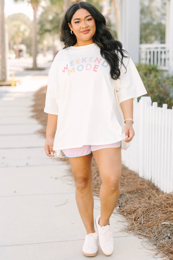Chic Soul plus size clothing, ivory oversized boyfriend tee with colorful lettering spelling out 'WEEKEND MODE'