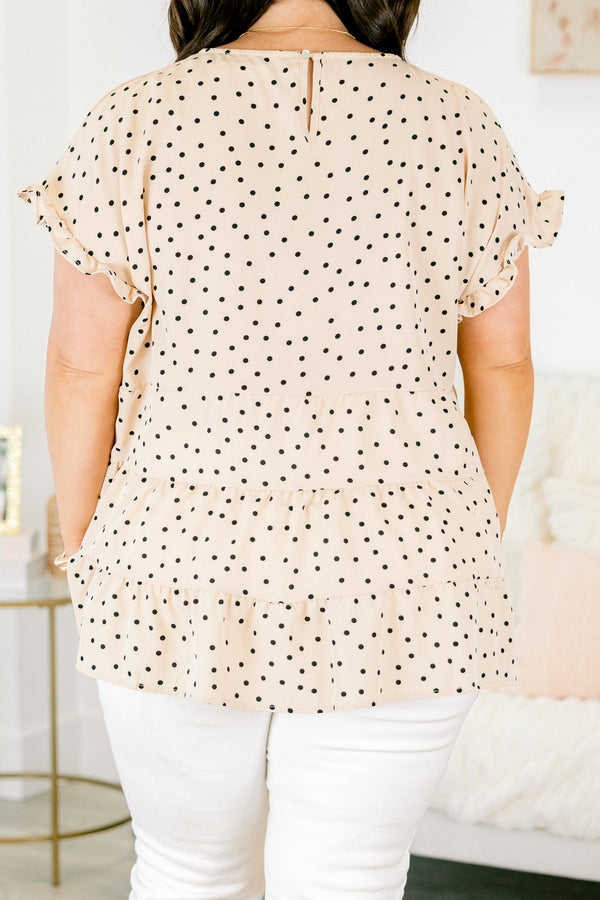 Chic Soul plus size clothing, tan short sleeve top with black polka dots and ruffle details at the end of the sleeves