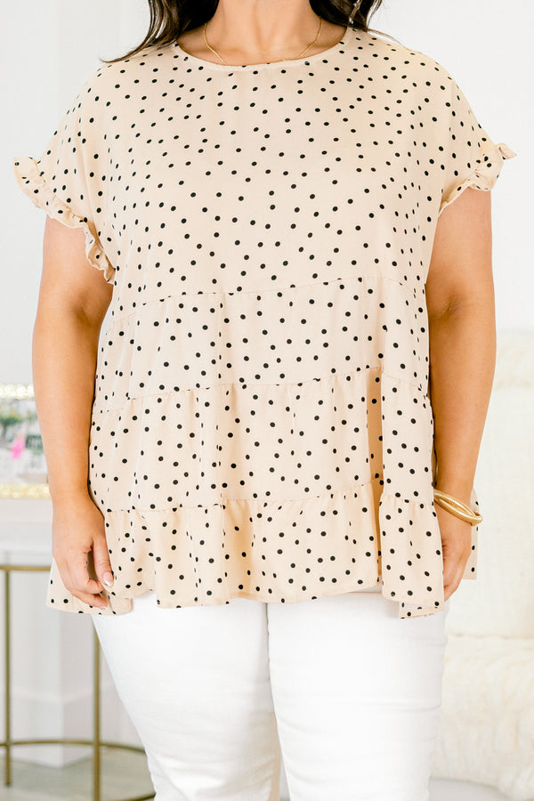 Chic Soul plus size clothing, tan short sleeve top with black polka dots and ruffle details at the end of the sleeves