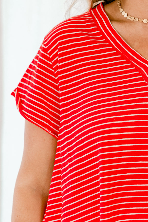 Chic Soul plus size clothing, tomato red and white striped short sleeve casual comfy top